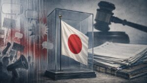 国旗損壊罪と表現の自由の対立を象徴する、ガラスケースに入った日本国旗と法的圧力を描いた論説風イラスト