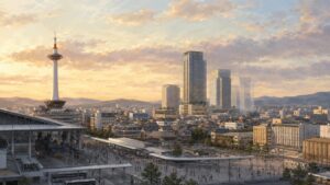 京都駅前の再開発と高層化をめぐり、京都タワーと駅前の街並みを背景に高さ規制緩和を考えるイメージ