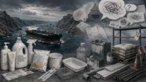 ナフサ不足とホルムズ海峡問題、政府説明の不透明さを象徴的に描いたアイキャッチ画像
