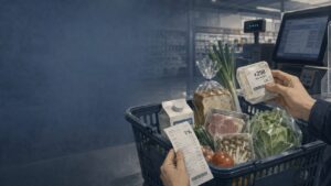 食料品の入った買い物かごとレジのレシートに「1%」と記された、食料品消費税1%案を象徴するイメージ