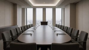 議論を終えた社会保障国民会議の会議室。無人の席に資料が残されている様子