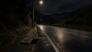 夜の国道と、ずれた側溝の蓋