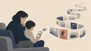 スマートフォンの画面を見つめる子どもと保護者のイラスト。SNSの年齢制限とリテラシー教育を象徴